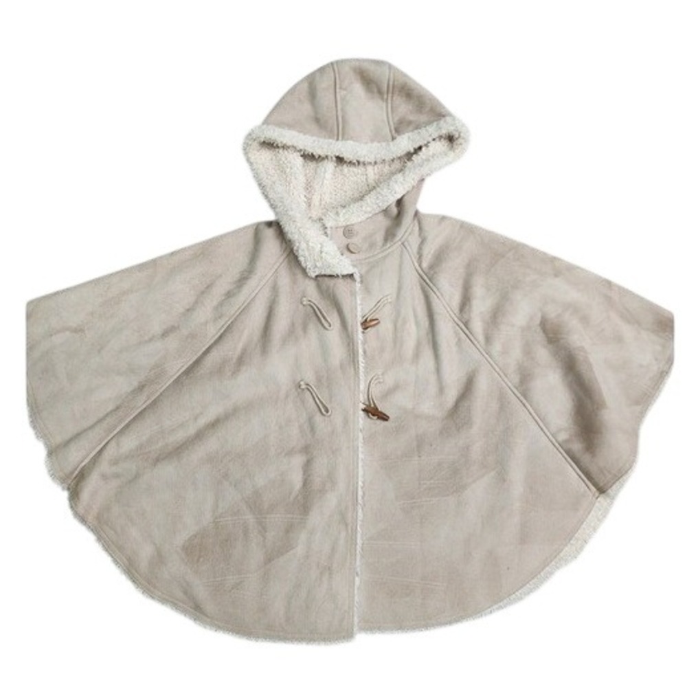 Sisters Outerwear Beige Hooded Faux Suede Shearling Cape Poncho Boho Cottage M